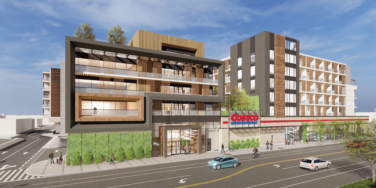 More than 800 apartments atop a Costco may rise at 5035 Coliseum St. in south Los Angeles. (Thrive Living) 