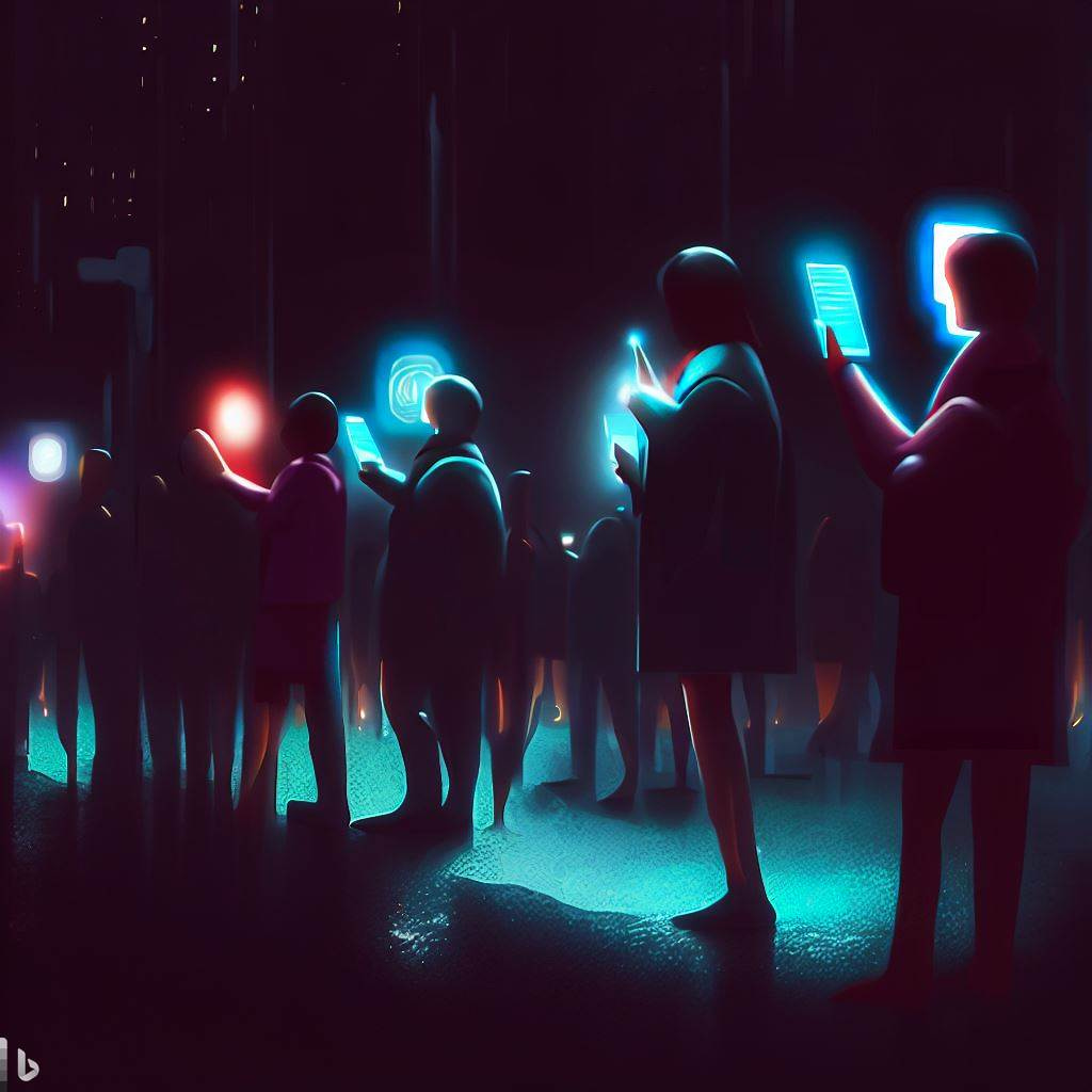 People using phones with AI on streets, digital art, concept art, dark, illumination from phones, illustration, flat colors, midjourney 
