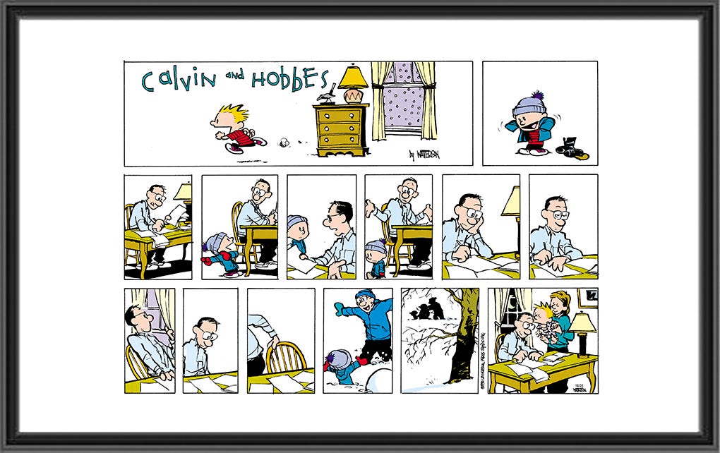Calvin and Hobbes - Building a Snowman with Dad - Jan 14, 1990 - Comic Art  Print