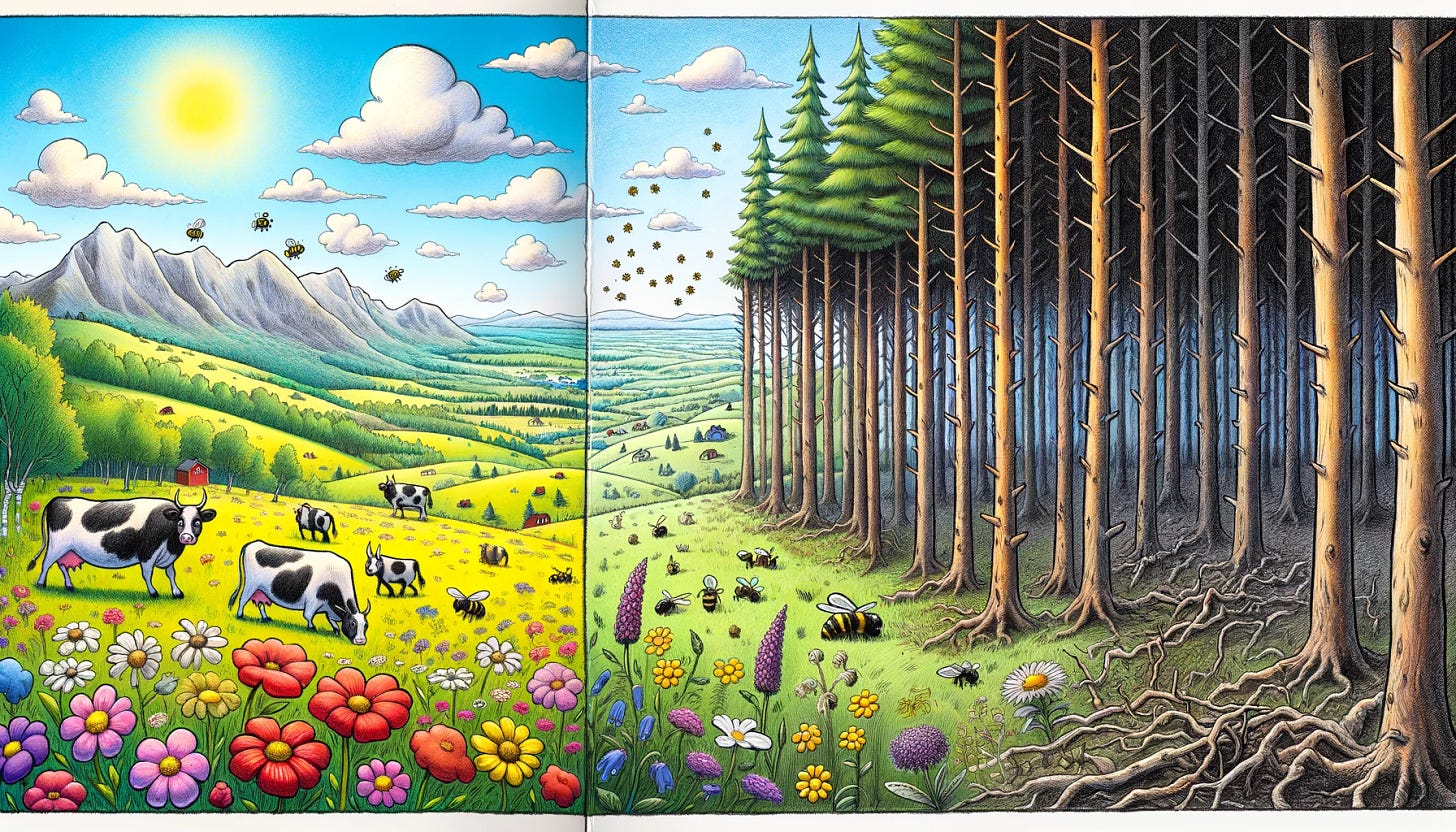 A hand-drawn colored pencil cartoon in a 16:9 format, vertically split, inspired by a Norwegian lowlands setting, styled like a newspaper cartoon. On the left half, depict a vibrant meadow with an open landscape, featuring a cow, various flowers, and bees buzzing around, reflective of the Norwegian countryside. The colors should be natural and lively, capturing the essence of a Norwegian meadow. On the right half, illustrate a rather dull pine forest, typical of Norwegian landscapes, with only tall pine trees and no flowers or animals. The colors here should be more muted and subdued, emphasizing the contrast to the lively left side. The overall style should resemble a hand-drawn, colored pencil cartoon, characteristic of newspaper cartoons, with clear lines and shading to give it an authentic, handcrafted feel.