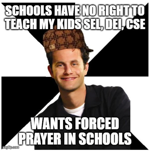 Image of Kirk Cameron with blank look and caption "schools have no right to teach my kids SEL DEI... Wants Forced Prayer in Schools"