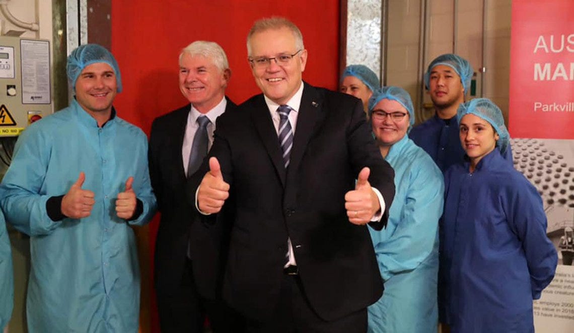 Image of Prime Minister Scott Morrison visiting CSL’s Melbourne facility, where the AstraZeneca vaccine is being produced. Image via Facebook