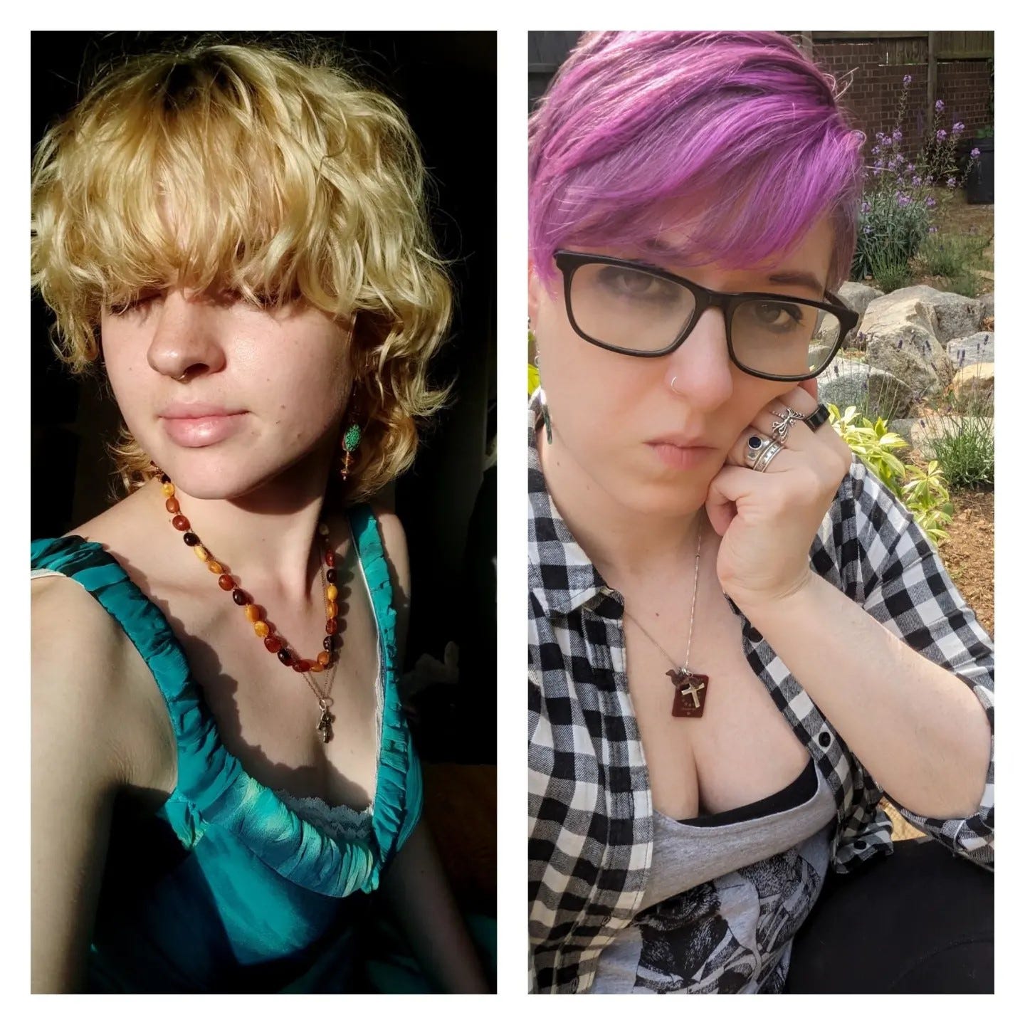 To the left, a photo of a white femme non-binary person with blond wavy hair and a green silky vest top; to the right, a white woman with pink hair and glasses, in a black and white flannel shirt and grey vest top.