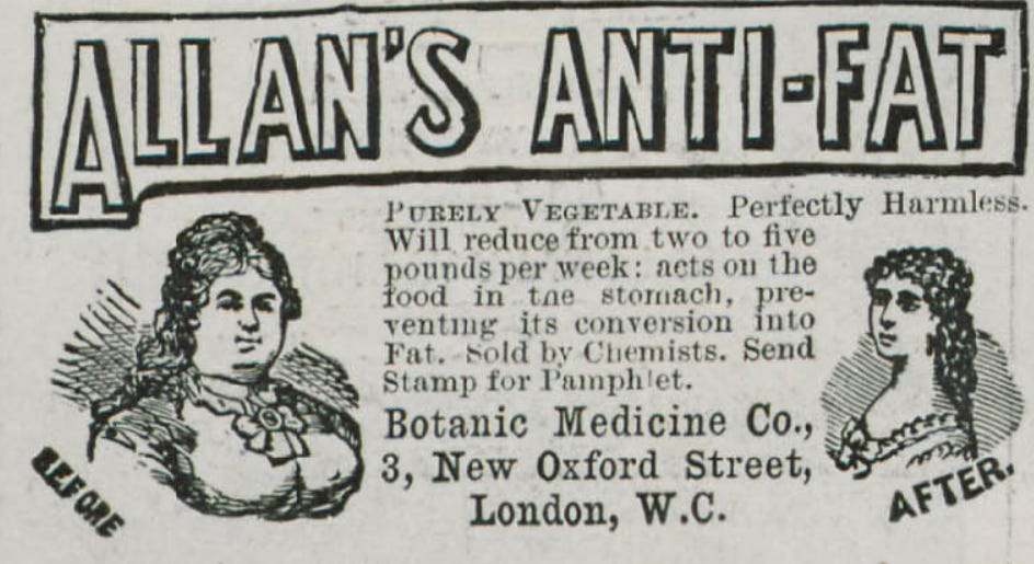 A newspaper advertisement headlined 'Allan's Anti-Fat'. It includes 'before and after' drawings of a woman who has lost weight.