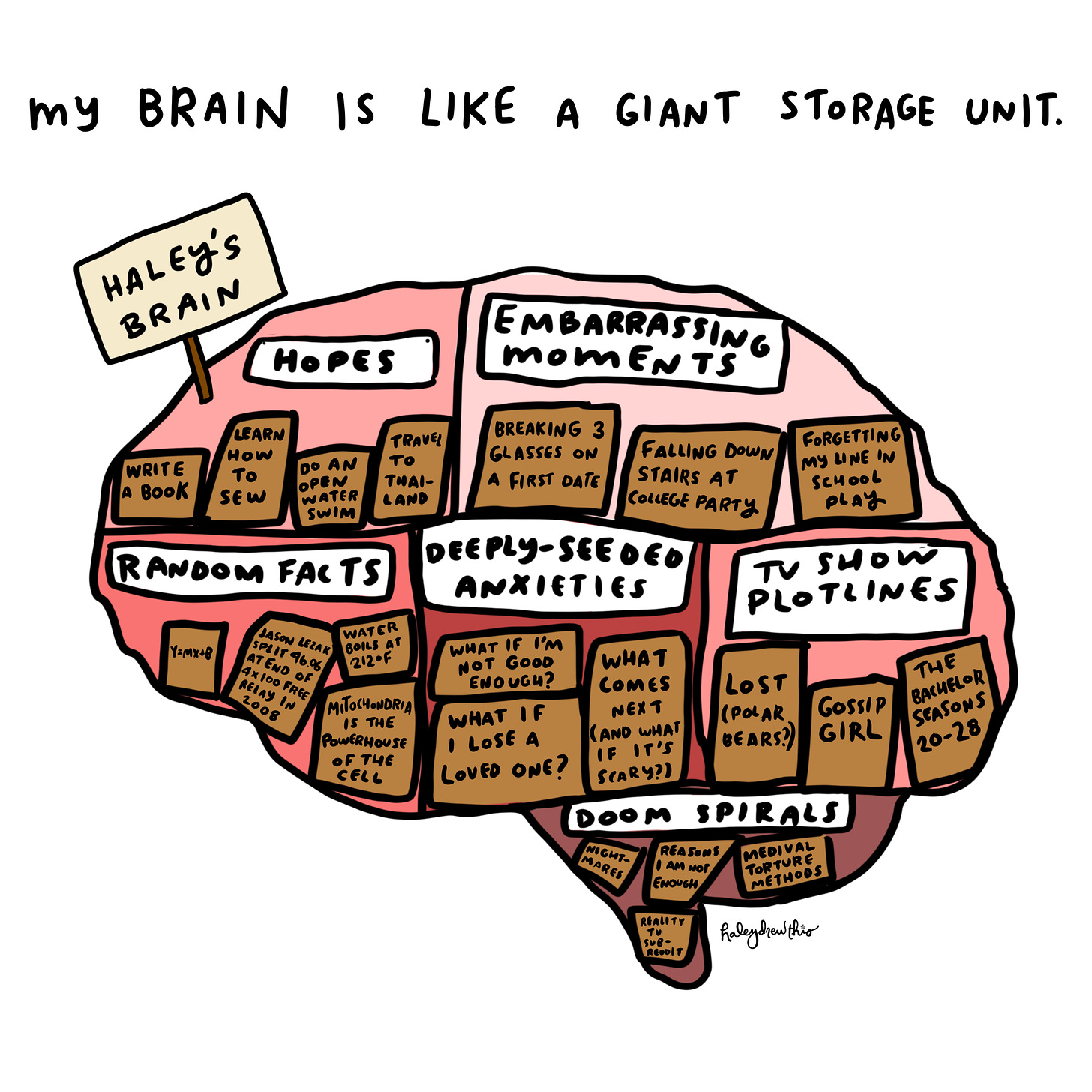 My brain is like a giant storage unit Inside of brain, guide to interior with comments like “section for embarrassing thoughts” / “plotlines from Lost” / “big fears” / “random facts” - mitochondria, etc.    