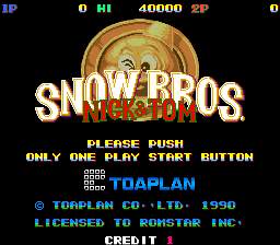 A screenshot of the North American release of Snow Bros.' title screen, with credits for Toaplan and Romstar. The game's logo (with Nick & Tom included) is shown at the top of a black background. A golden emblem with a winking Snow Bros. is behind the game's text logo.