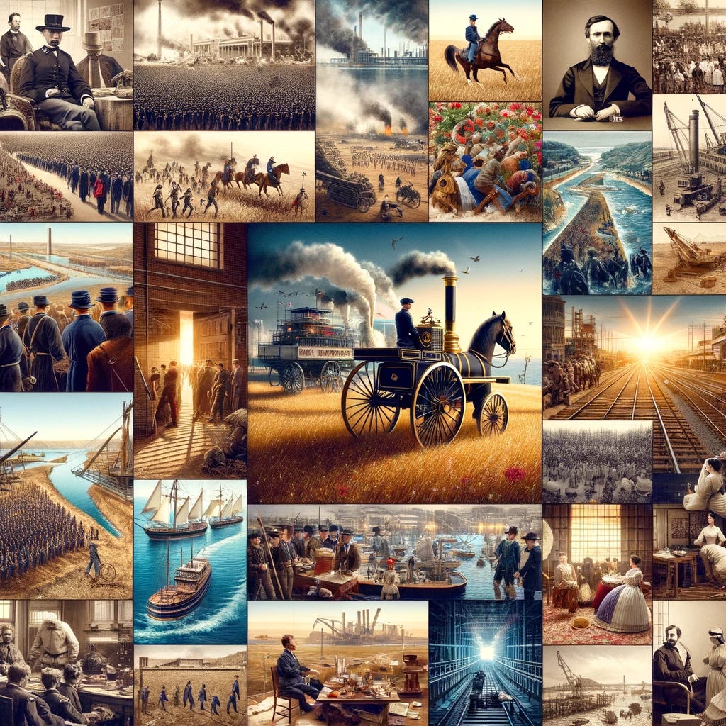 Create a super-realistic photo collage depicting the global atmosphere between 1861 and 1875. This collage should include pivotal moments and symbols of the era: the American Civil War with soldiers in uniform and battlefield scenes, the construction of the Suez Canal, the Meiji Restoration in Japan signifying a shift from feudalism to modernization, the early stages of the industrial revolution with steam-powered machinery and factories, the spread of the telegraph system as a communication breakthrough, and the daily life and fashion of the period in both urban and rural settings. The collage should offer a vivid portrayal of this transformative period in history, highlighting the contrast between war, technological advancements, and cultural shifts.