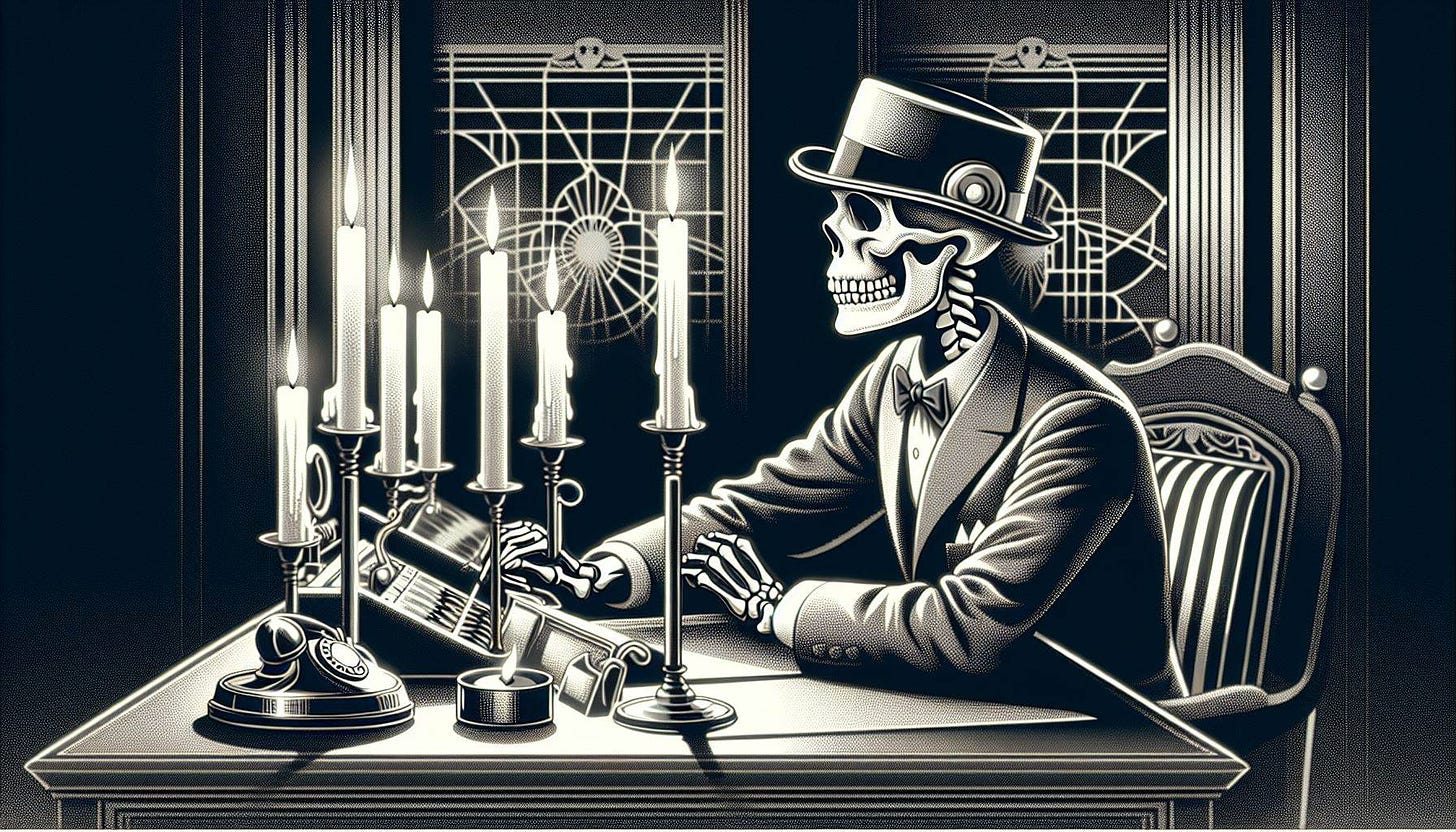a skeleton doctor sitting at a desk with candles staring off into the distance in art deco style and grayscale