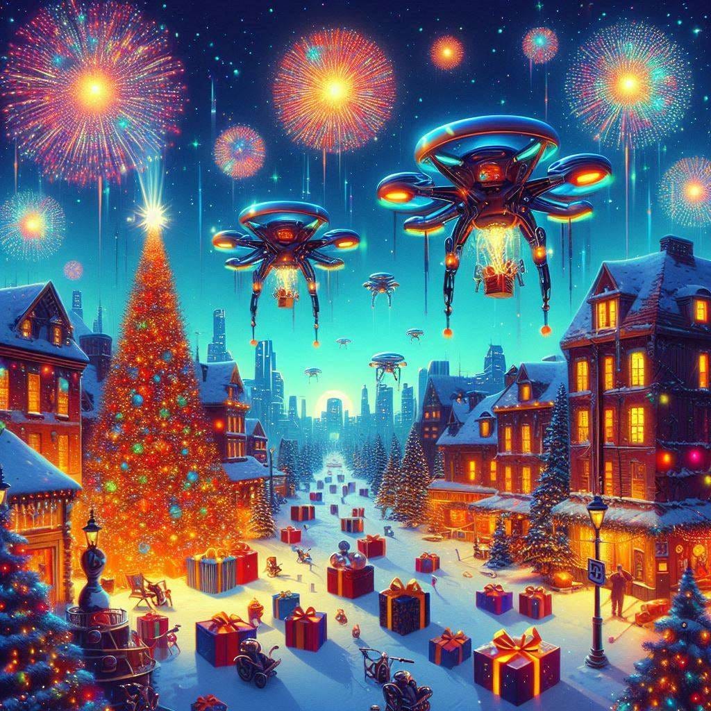 christmas in the metaverse, with solarpunk drone fireworks in the background, 60s sci-fi art