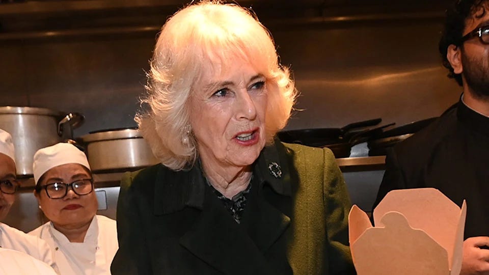 Queen Camilla in a kitchen