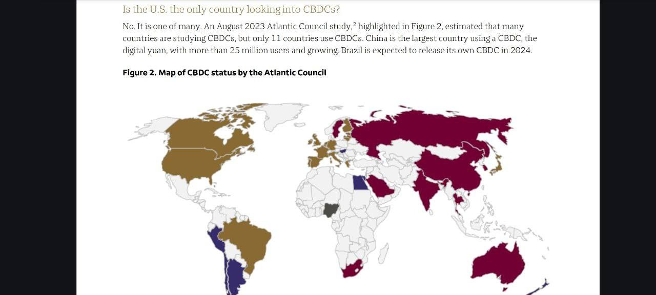 May be an image of map and text that says 'Is the U.S. the only country looking into CBDCs? ofm An August 2023 Atlantic Council study, 2highlighted in Figure estimated that many studying CBDCs only countries CBDCs China largest country CBDC the digital yuan, with more than 25 million users and growing Brazil expected releasei own CBDO 2024 Figure Map of CBDC status the Atlantic Council'