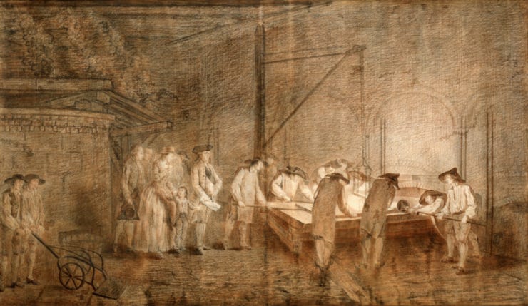 Fundición de cristal en Saint-Gobain en presencia del director Pierre Delaunay-Deslandes. Dibujo de tiza roja, finales del siglo XVIII