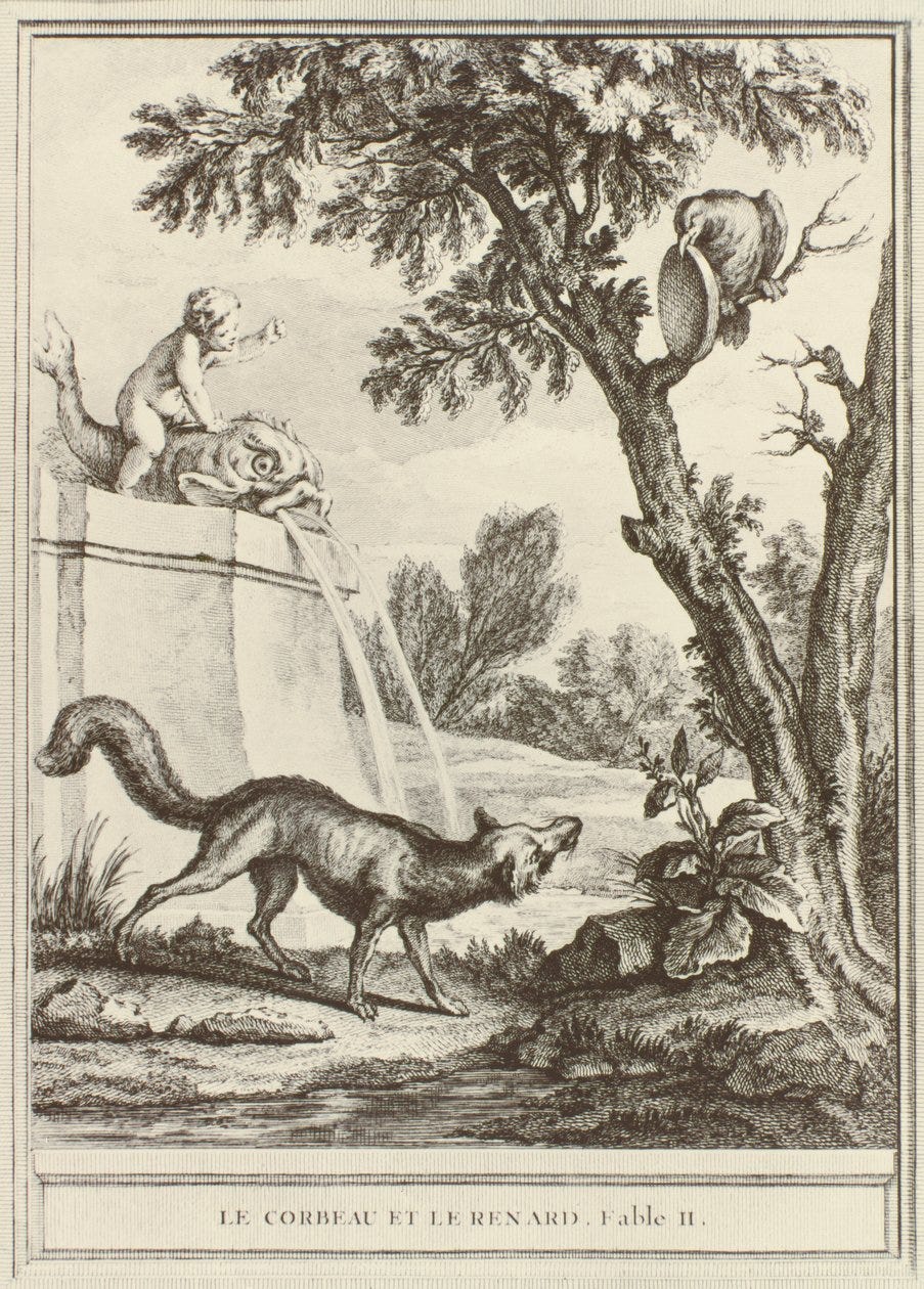 The Fox and the Crow, from 'Fables Choisis, put in verse' by Jean de la  Fontaine, engraved by Charles Nicolas Cochin, published 1755-1759