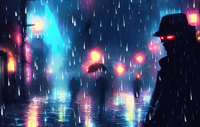A dark figure on a rainy city street.