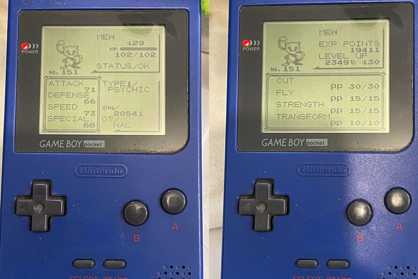 The PokéTour Mew that was sent to Tony's copy of Pokémon Blue back in 1999