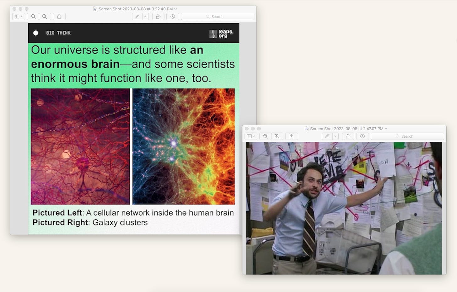 collage of two images in dialog boxes. the first is a meme from Big Think that reads “Our universe is structured like an enormous brain—and some scientists think it might function like one, too. Beneath are two photos, the left of a cellular network inside the human brain, and the right, an image of galaxy clusters in the universe. The images look similar, with web like networks and glowing hubs. Layered in front of this meme is another meme of Charlie Day from It’s Always Sunny in Philadelphia, looking crazed and gesturing to someone out of frame about the many disordered papers and red strings connecting them on the wall behind him. 