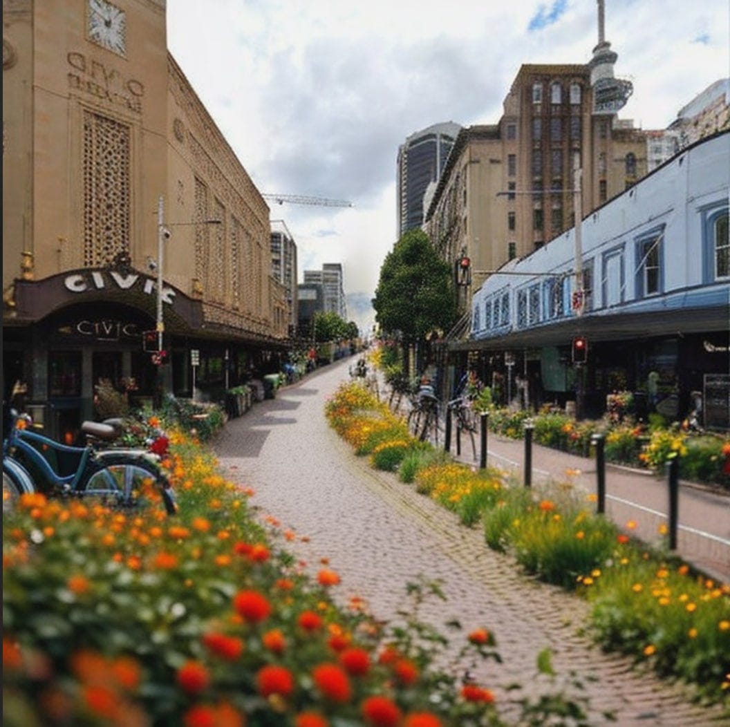 Queen Street, with the Civic on the left, lined with a pedestrian street, a bike parked to the side, and flower beds on either side.