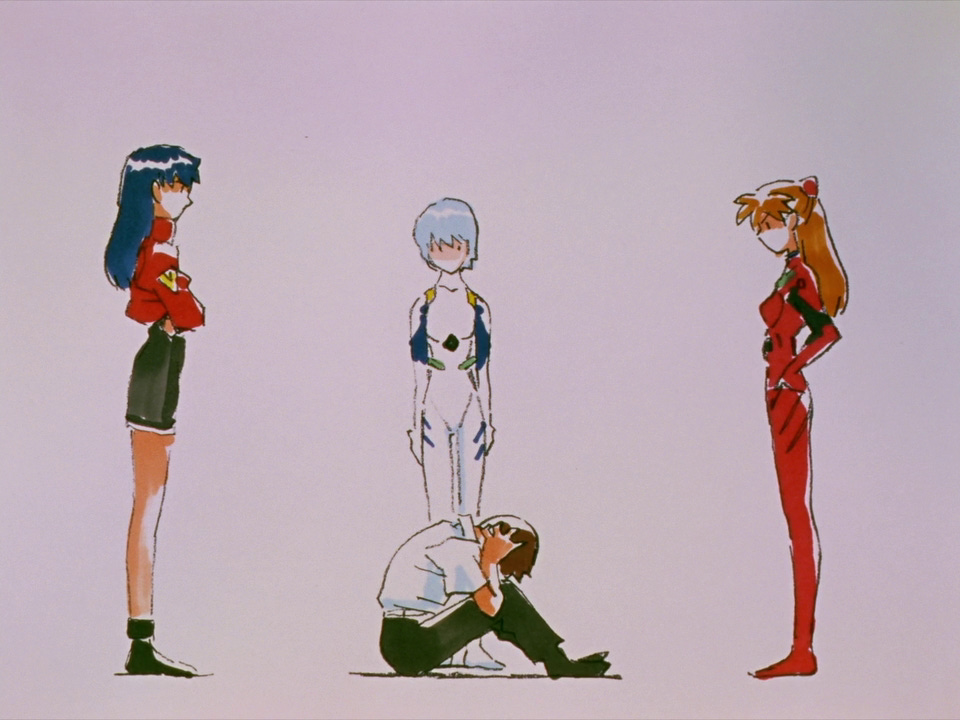 Drawn in a sketchy style rather than a traditional clean cel animation style. Shinji is sitting on the floor with his head in his hands, while Misato, Rei and Asuka stand around him in a half-circle disposition. Misato has her arms crossed, while Asuka has her hands on her hips. Rei has her arms at her sides, looking at Shinji.