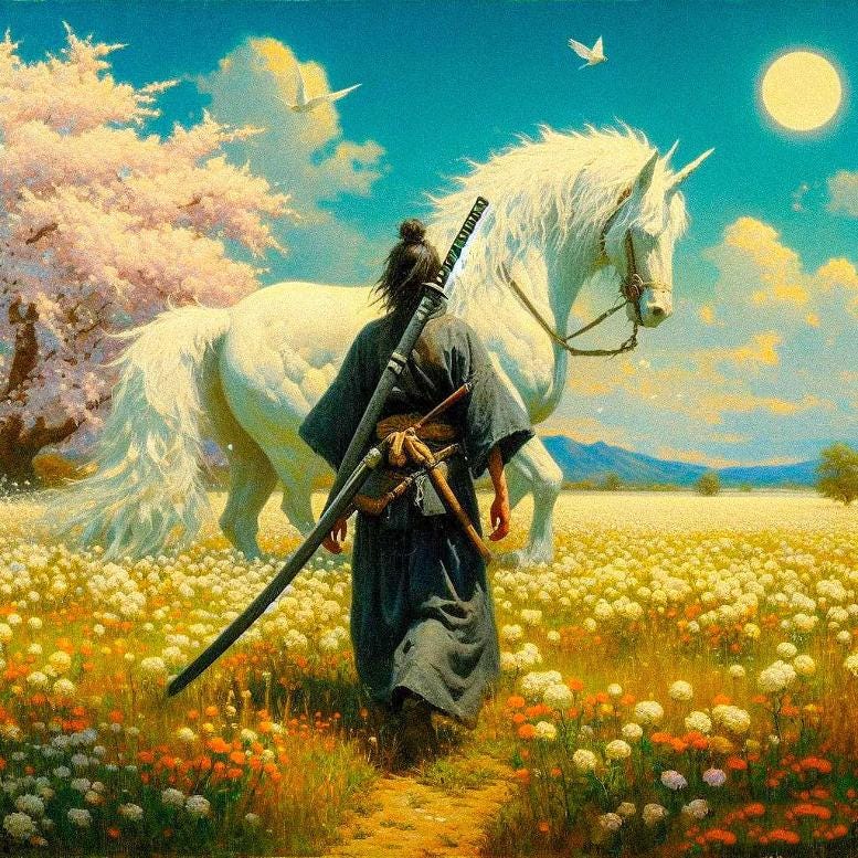 AI art: samurai walking towards a unicorn.