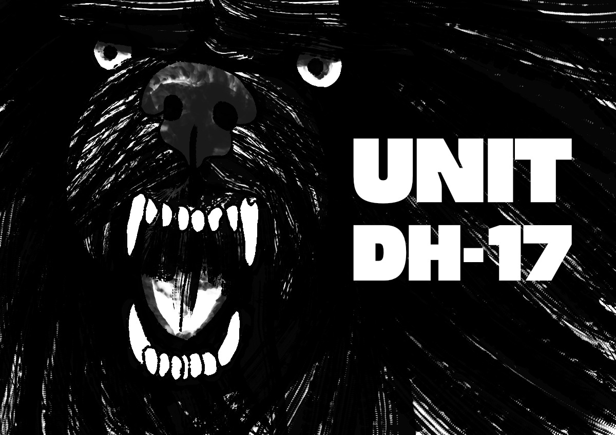 A messy ink drawing of a snarling tibetan mastiff. The words UNIT DH-17 are written in bold beside the dog.