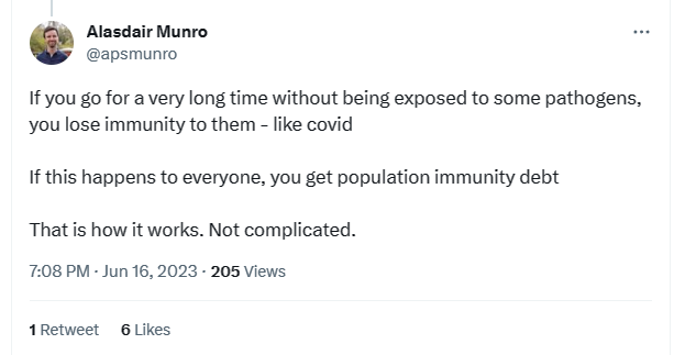 alasdair munro tweets "if you go for a very long time without being exposed to some pathogens, you lose immunity to them - like covid. if this happens to everyone, you get population immunity debt. That is how it works. Not complicated.