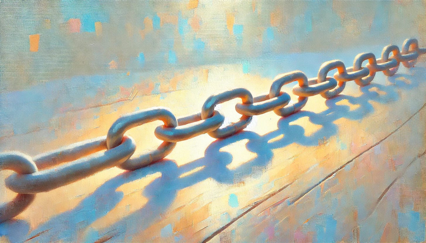 An impressionistic oil painting of a chain with links highlighted in soft, dappled light, conveying a serene and peaceful atmosphere. The chain is the focal point, and the background is kept minimal and slightly blurred, emphasizing simplicity. The painting style is reminiscent of Fritz Syberg, with gentle, pastel colors that capture a calm, sunny day. The palette is pale, with soft blues, warm yellows, and delicate pinks, giving the image a tranquil, ethereal quality. Wide aspect ratio.