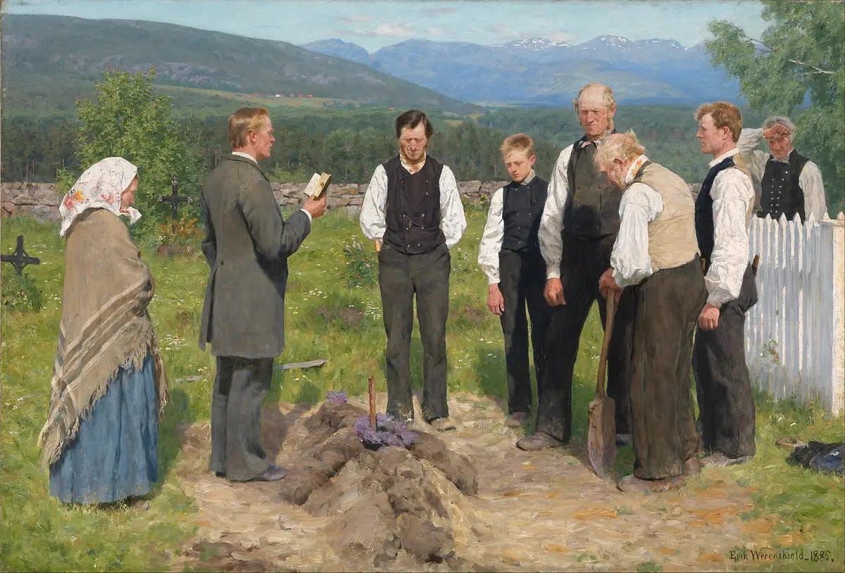 "Peasant Burial," 1883–1885, by Erik Werenskiold. Oil on canvas; 59 inches by 40 2/5 inches. National Museum of Norway, Oslo. (Public Domain)