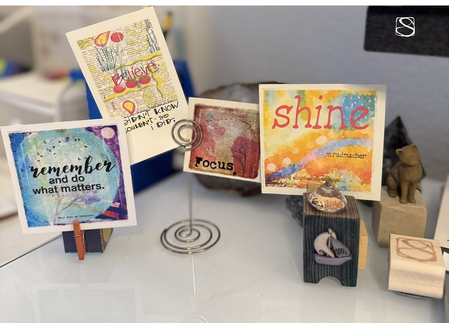 Photo of additional words printed on art cards by Mary Anne em Radmacher
