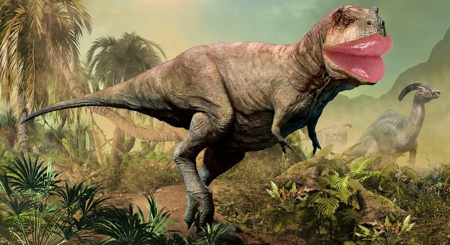 Tyrannasaurus Rex majestically bestriding the prehistoric landscape, with the juiciest med-spa lips, ready for her Real Housewives of Miami audition. Art courtesy of Tabs Senior Contributing Editor for Graphics Alison Headley.