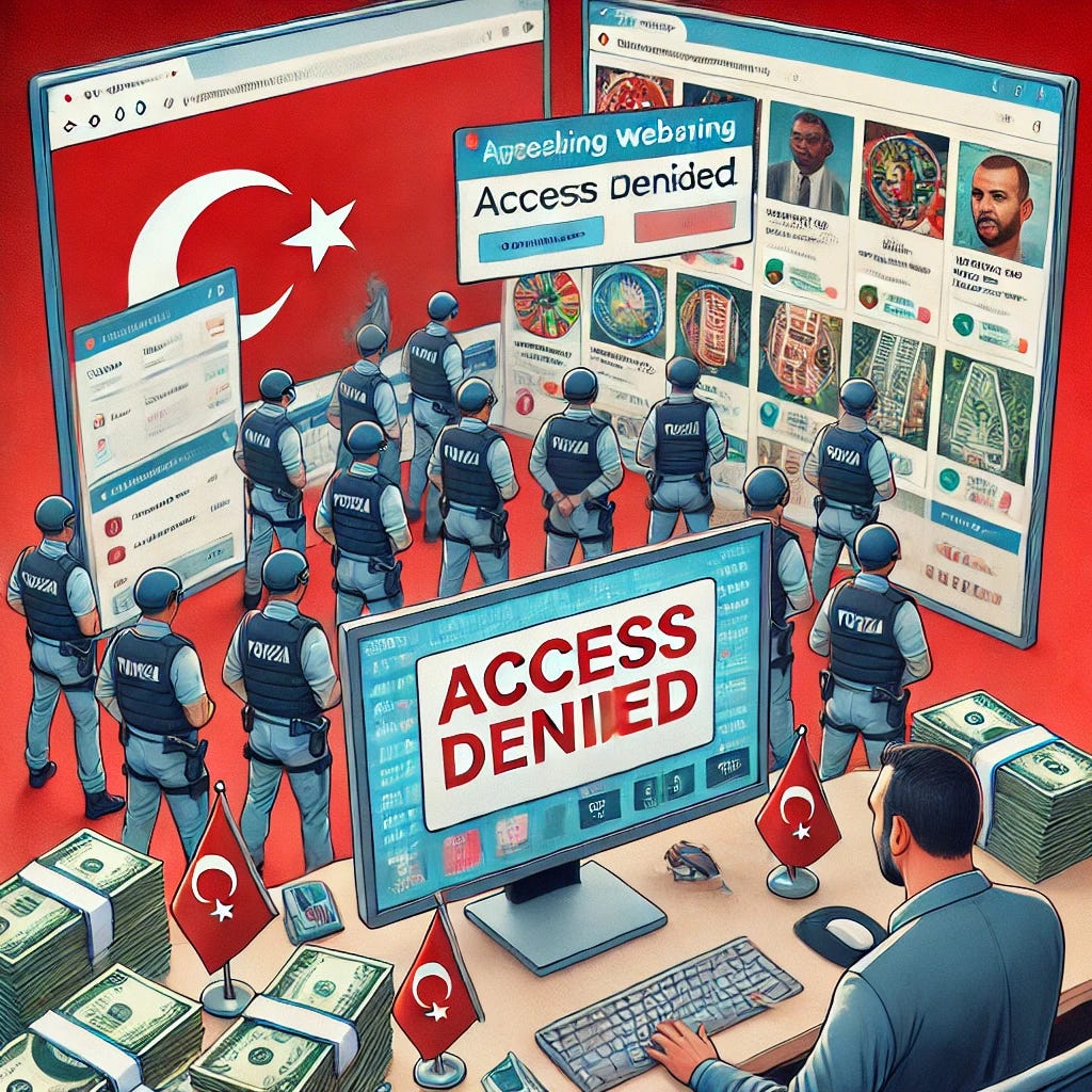 An illustration representing Turkey's crackdown on illegal gambling: a modern office scene where Turkish law enforcement agents are seen blocking gambling websites on computer screens while simultaneously detaining individuals, symbolizing real-world arrests. The computer screens display betting odds and 'Access Denied' messages. In the background, profiles of social media influencers and stacks of confiscated cash in Turkish lira are visible. A Turkish flag adds context, emphasizing the country's focus on both online and physical enforcement in a calm, professional tone.