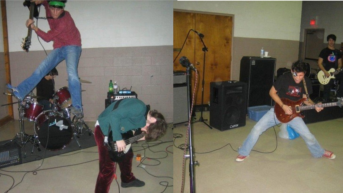 a composite picture of a four-piece band, all white teenagers. One guitarist, wearing a red button down and green bandana, is about three feet in the air. That's Brendan. The other guitarist is wearing a black My Chemical Romance t-shirt and a Jolly Roger eyepatch while shredding. That's Chris, and he actually can't see out of that eye. 