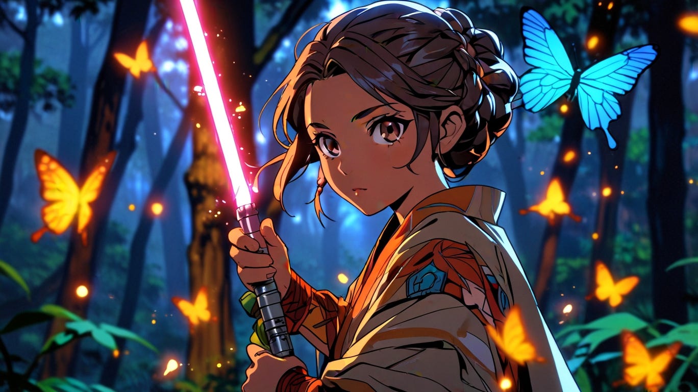 ilustración estilo anime de una mujer jedi