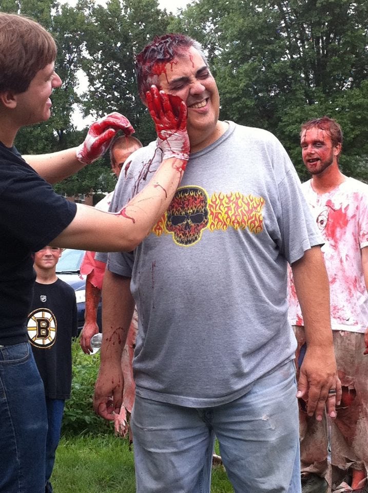 JF gonzalez getting fake blood splashed on his face.