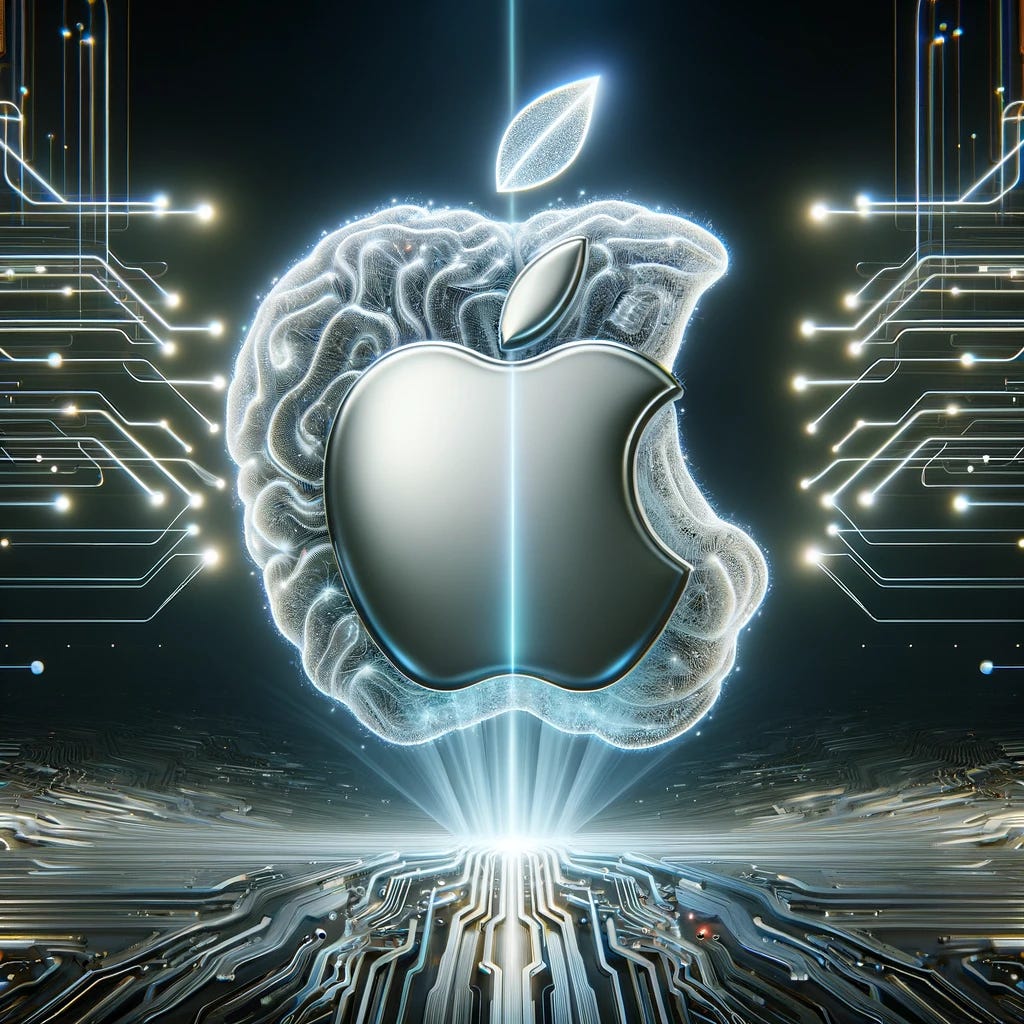 A conceptual artwork illustrating OpenAI's GPT-4 learning from Apple. The scene shows a large, glowing digital brain representing GPT-4, surrounded by streams of light and data flowing into it from a stylized, minimalist Apple logo. The Apple logo is designed in a sleek, silver style, symbolizing Apple's iconic branding. The background is a fusion of digital circuitry and clean, elegant lines, representing the blend of advanced AI technology and Apple's design philosophy. This image captures the essence of knowledge transfer and innovation, with a futuristic and tech-inspired aesthetic.