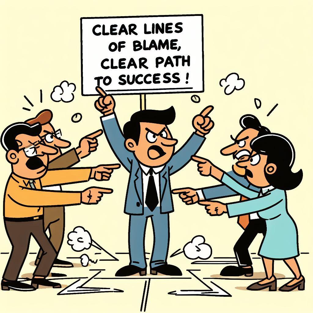 Cartoon of office workers pointing fingers at each other, with a sign above saying, 'Clear lines of blame, clear path to success!' The drawing style should be light-hearted with simple line work. The people in the cartoon should be angry at each other. And make the cartoon in the style of famous Indian cartoonist Mario Miranda, using his intricate detail for extra humor