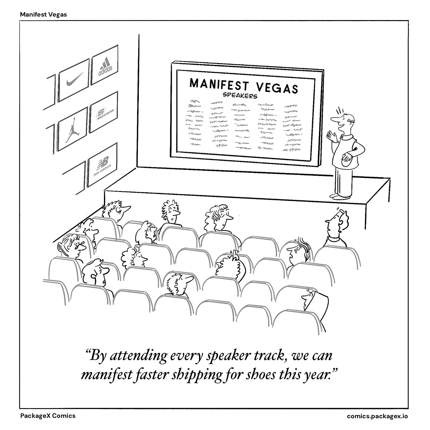 Cartoon about attending all the speaker tracks at Manifest Vegas, a logistics and supply chain trade show
