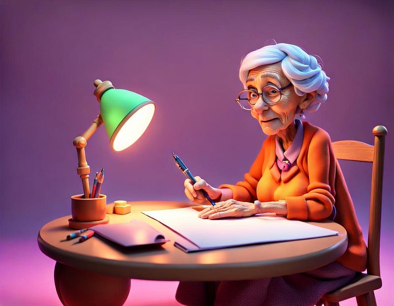 Old lady a desk with pen and paper under desk lamp