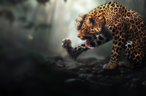 "Autistic Leopard Can't Change His Spots", digital illustration by the author, tools include AI. A leopard with a human-like expression of determination is humorously trying to lick and clean its spots, a playful nod to the idiom "A leopard can't change its spots." This image metaphorically suggests the theme of challenging the notion of fixed identities and the podcast's exploration of personal growth and transformation beyond preconceived labels.