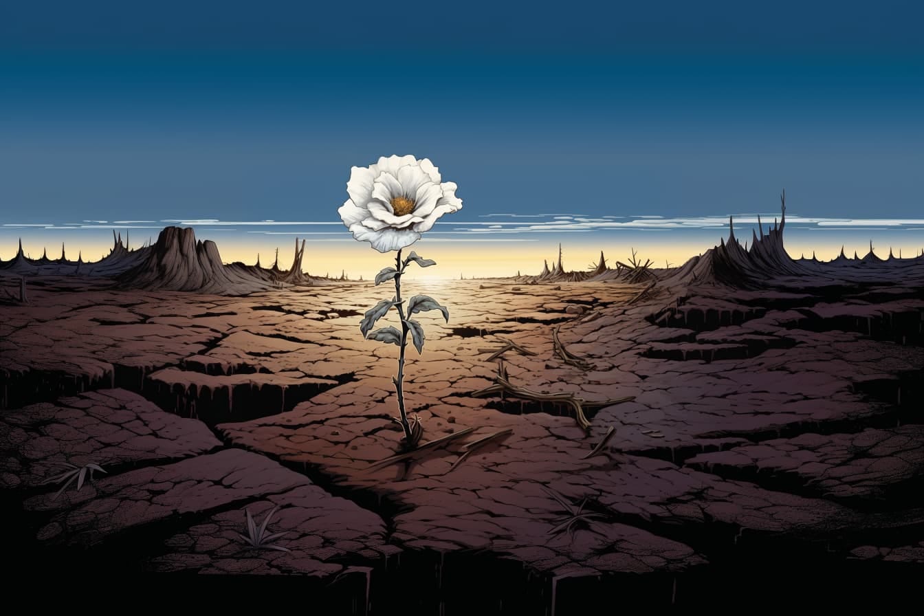 A white flower emerging in the middle of a desolate landscape