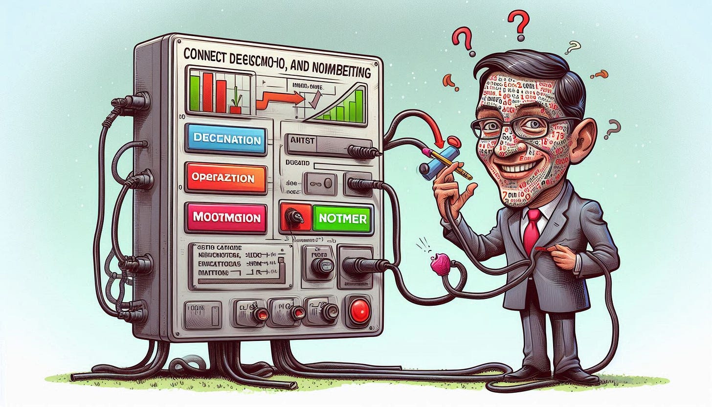 Caricatura satirica. No uses palabras ni números. Conecta decisión, operación y monetización en la estrategia de datos empresarial