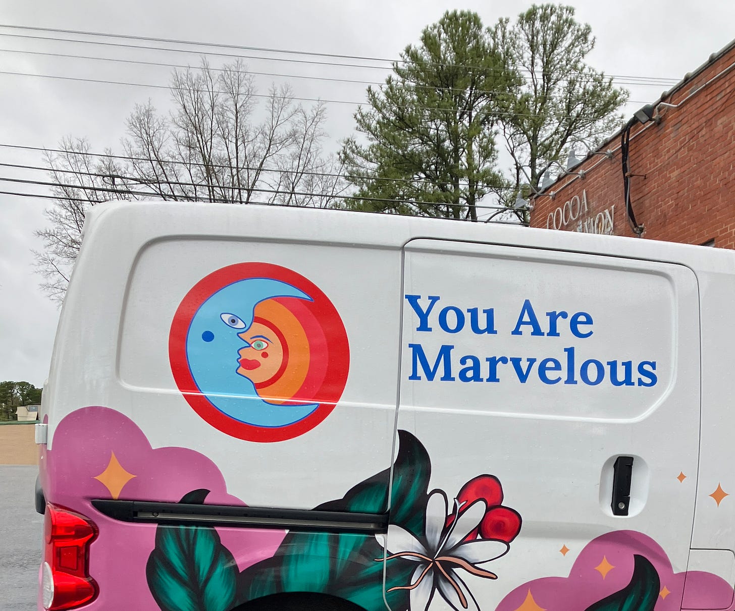 You are marvelous written on the side of a white van with illustration of flowers and plants