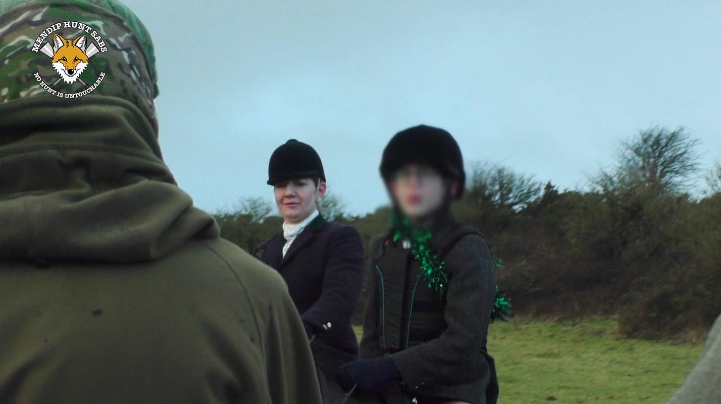 Helena Rees-Mogg and her child ride with the Mendip Farmers Hunt