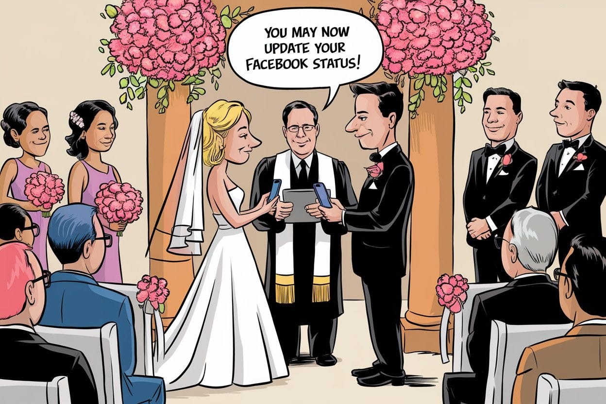 Cartoon illustration: Wedding ceremony. The bride and groom stand across from each other, both of them holding smartphones. The officiant says: "You may now update your Facebook status!” The setting is a regular wedding ceremony with family and friends attending.