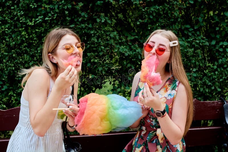 Two Happy Beautiful Young Lesbian Women with Candy Floss. Girlfriends ...