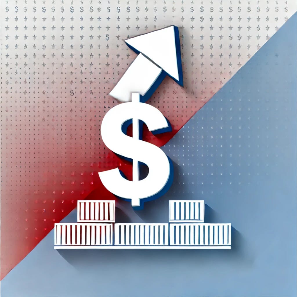 A minimalist graphic illustrating the concept of higher taxes through tariffs. The image shows a large dollar sign being held up by an arrow pointing upward, symbolizing increased taxes. Below the dollar sign is a set of shipping containers or cargo boxes, representing tariffs on trade. The background features red, white, and blue colors in a subtle gradient, reminiscent of American patriotic themes. The design is clean and modern, without any text, making the message clear and impactful.