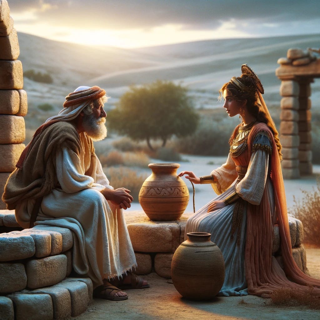 Capture a serene scene where an elderly Israelite man, depicted with traditional ancient attire, is seated by the edge of an ancient well, engaged in a gentle conversation with a beautiful Midianite maiden. The maiden, characterized by her traditional Midianite dress, stands holding an earthenware jar, ready to draw water from the well. The setting is peaceful, possibly in the early hours of the morning or late afternoon, with soft lighting that enhances the tranquil mood of the encounter. The well, made of stones, is central to the composition, symbolizing not just a meeting place but a point of connection between two cultures. The background may hint at the arid landscape of the Middle East, with sparse vegetation and distant hills, reflecting the historical and geographical context of the story.