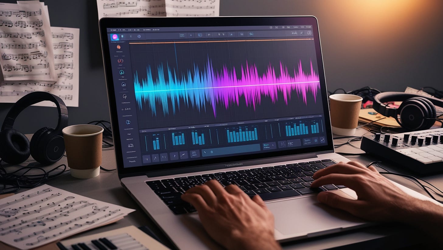 A close-up of a laptop screen displaying a digital audio workstation with vibrant, colorful waveforms and musical notes, set against a dark gray background, surrounded by a cluttered yet organized workspace with scattered sheets of music, headphones, and empty coffee cups, with a few strands of curly brown hair peeking out from behind the screen, hinting at the creator's presence, the laptop's keyboard and touchpad illuminated by the soft glow of the screen, with a few buttons and dials of a nearby MIDI controller visible in the corner, and a subtle, warm lighting effect to convey a sense of creativity and focus.