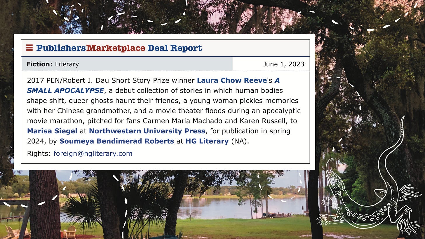 A screenshot of a book deal announcement for Laura Chow Reeve's, A SMALL APOCALYPSE.