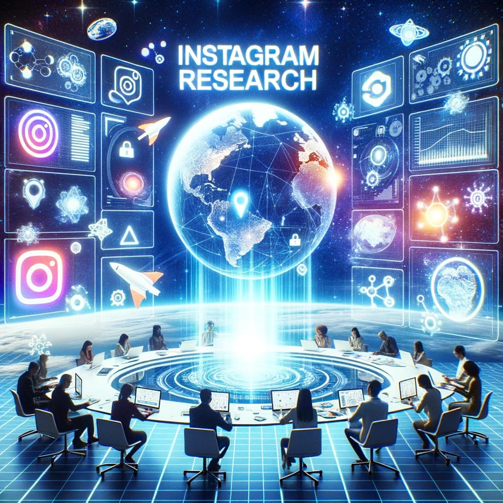 Illustration of a futuristic digital workspace with 'INSTAGRAM RESEARCH' written prominently. Floating holographic screens display the Instagram logo and data visualizations. Diverse individuals collaborate, connecting Instagram findings to traditional research methods.