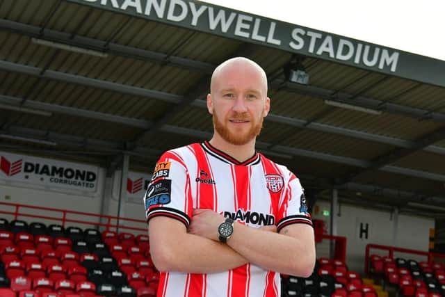 Derry City's new signing, Northern Ireland international striker Liam Boyce. Photograph by Kevin Morrison.